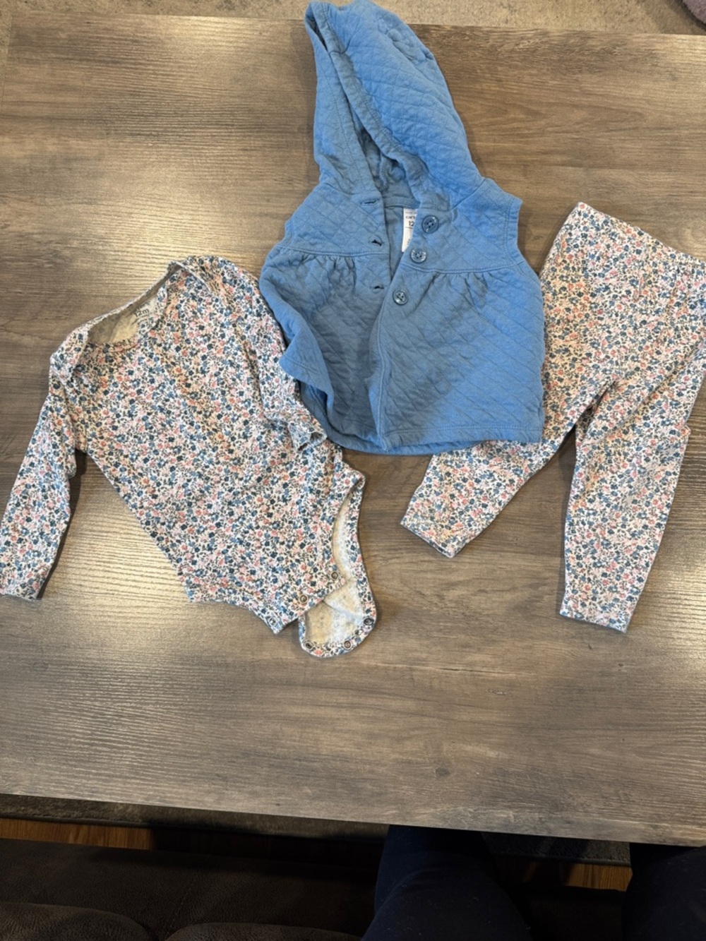 Carter's Blue Hooded Vest with Pink/Blue Floral Bodysuit & Leggings